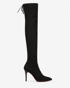 Daria black boots, side view showing the over-the-knee shaft and stiletto heel.