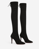 Daria black boots, pair viewed at an angle.