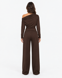 Back view of the Eliane brown off-shoulder pleated long-sleeve top