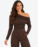 Eliane Off-Shoulder Pleated Top - Brown