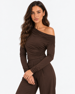 Eliane Off-Shoulder Pleated Top - Brown