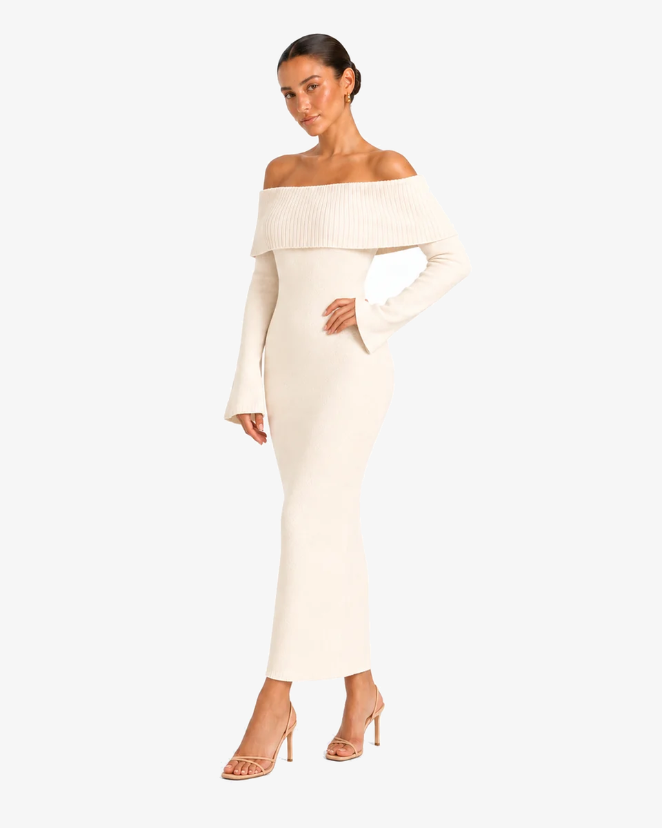 Elodie Off-Shoulder Knitted Dress - White