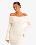 Elodie Off-Shoulder Knitted Dress - White