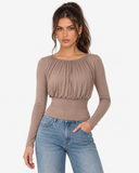 Front view of the Esme khaki top with long sleeves, a gathered neckline and defined waist
