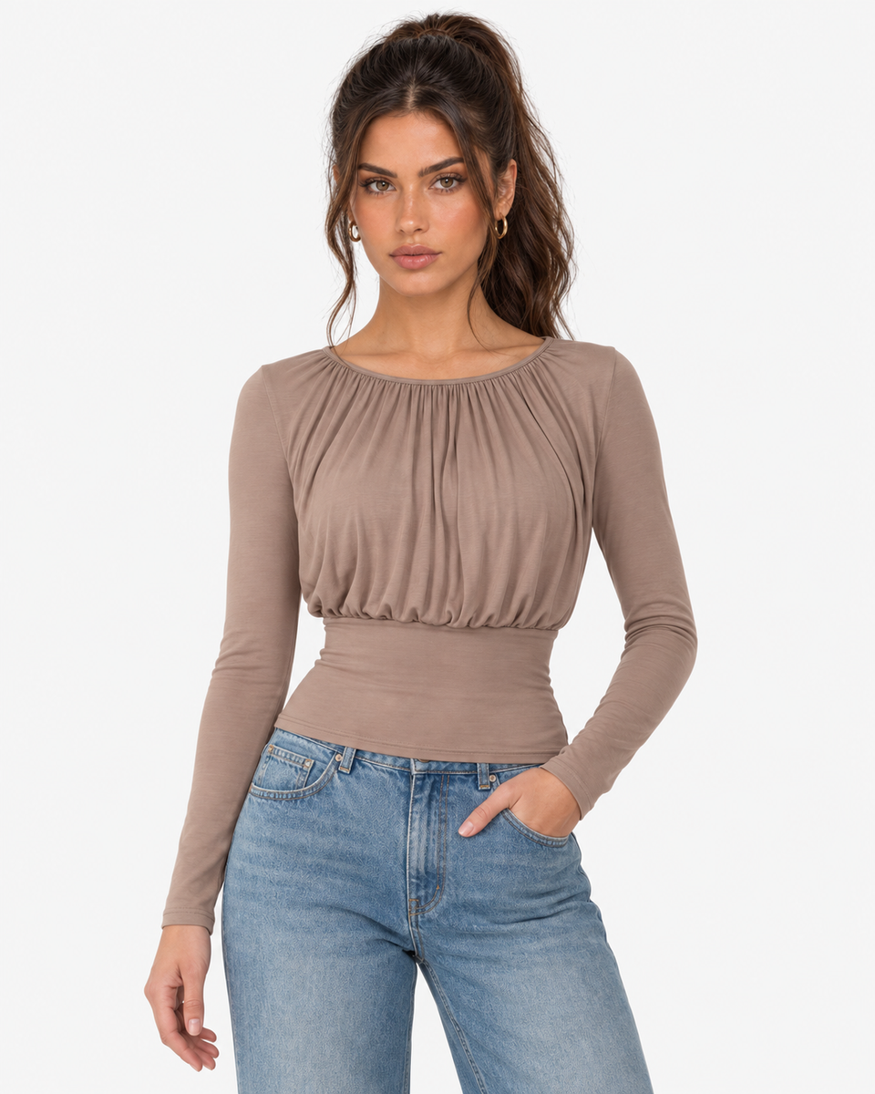 Front view of the Esme khaki top with long sleeves, a gathered neckline and defined waist