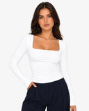 Evelyn Square Neck Long Sleeve Top - White