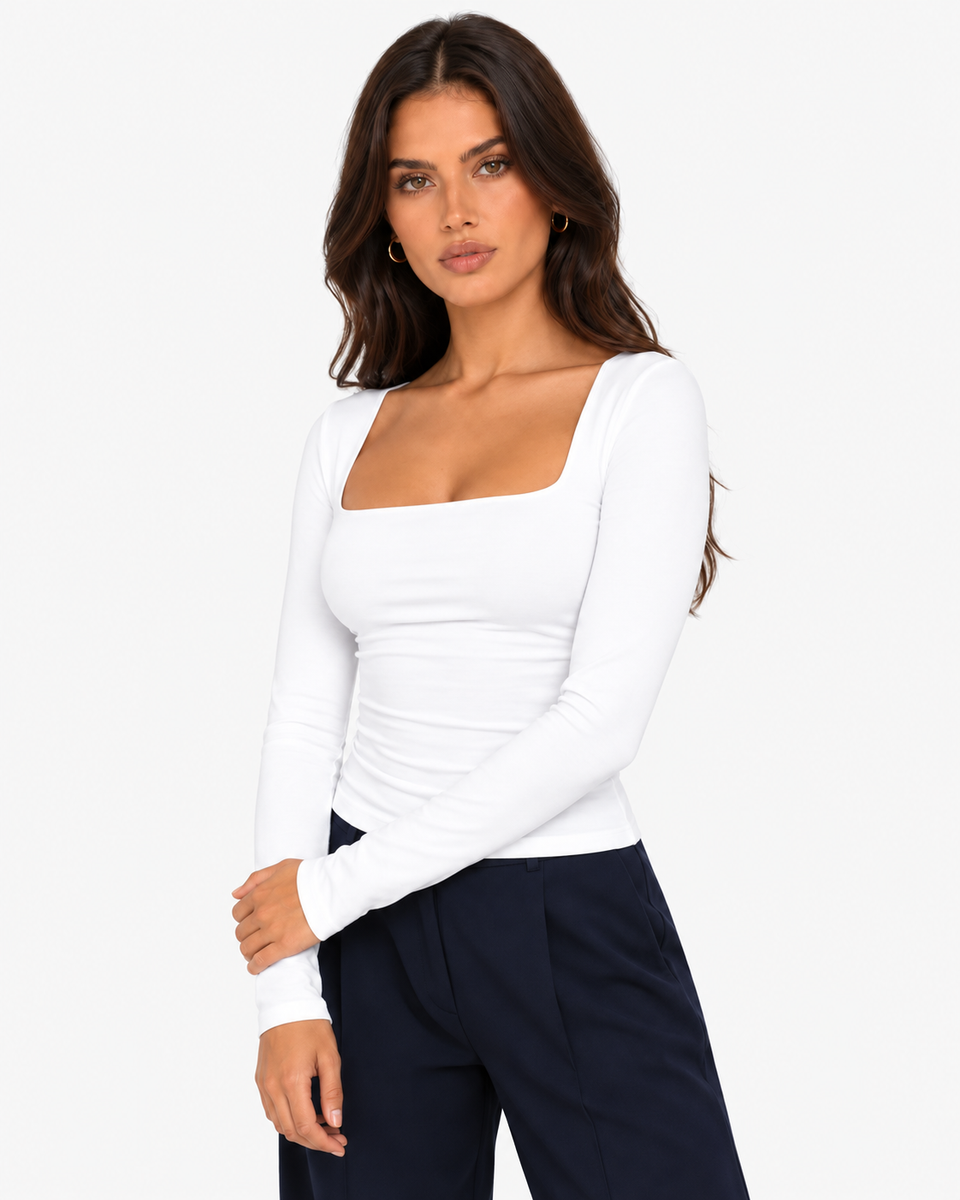 Evelyn Square Neck Long Sleeve Top - White