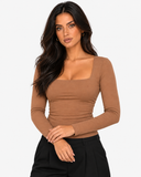 Evelyn Square Neck Long Sleeve Top - Brown