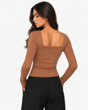 Evelyn Square Neck Long Sleeve Top - Brown