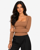 Evelyn Square Neck Long Sleeve Top - Brown