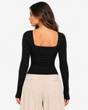 Evelyn Square Neck Long Sleeve Top - Black