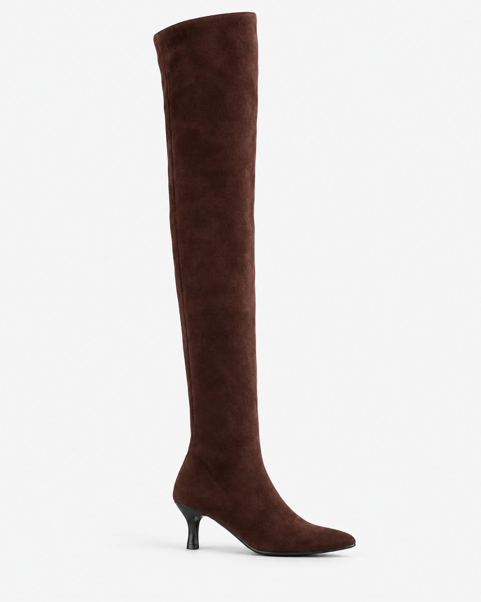 Francesca brown boots, side view with the shaft fully extended.