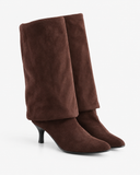 Francesca brown boots, pair shown with the tops folded down.