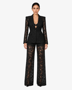Genevieve Floral Lace Blazer & Wide-Leg Trouser Co-ord - Black