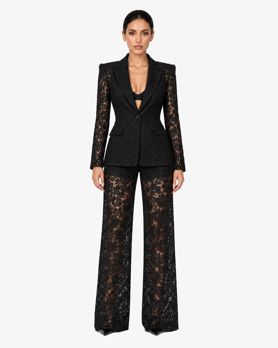 Genevieve Floral Lace Blazer & Wide-Leg Trouser Co-ord - Black