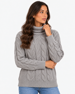 Harriet Grey cable-knit roll-neck jumper, three-quarter close-up of the roll neck and ribbed cuffs