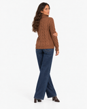 Harriet Light Brown cable-knit roll-neck jumper, back view with dark blue wide-leg jeans