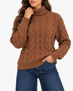 Harriet Light Brown cable-knit roll-neck jumper, close-up front view showing cable-knit detail and ribbed trims