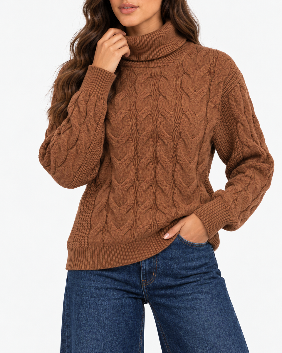 Harriet Light Brown cable-knit roll-neck jumper, close-up front view showing cable-knit detail and ribbed trims