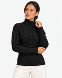 Harriet Black cable-knit roll-neck jumper, close-up front view showing the roll neck and cable-knit pattern