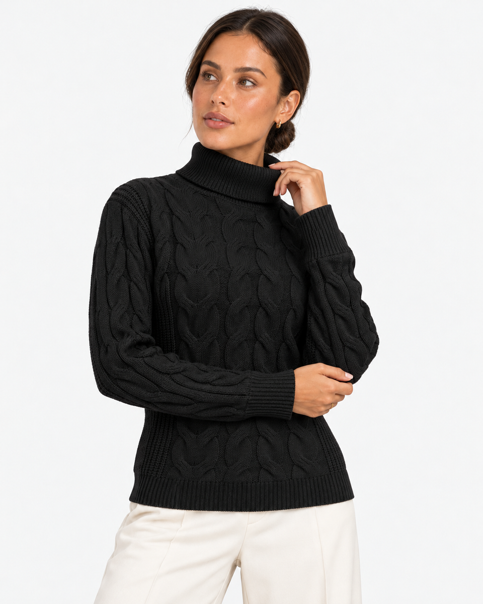 Harriet Black cable-knit roll-neck jumper, close-up front view showing the roll neck and cable-knit pattern