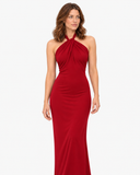 Woman wearing the Isolde red halter maxi dress, full-length front pose