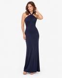 Woman wearing the Isolde dark blue halter maxi dress, full-length front pose