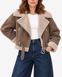 Vespera Suede-Effect Biker Jacket - Chocolate Brown