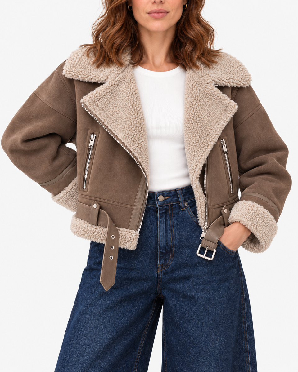 Vespera Suede-Effect Biker Jacket - Chocolate Brown