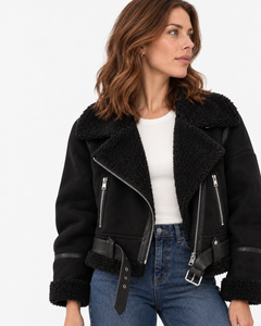 Close-up front view of the Vespera black suede-effect biker jacket with textured collar and silver zip details