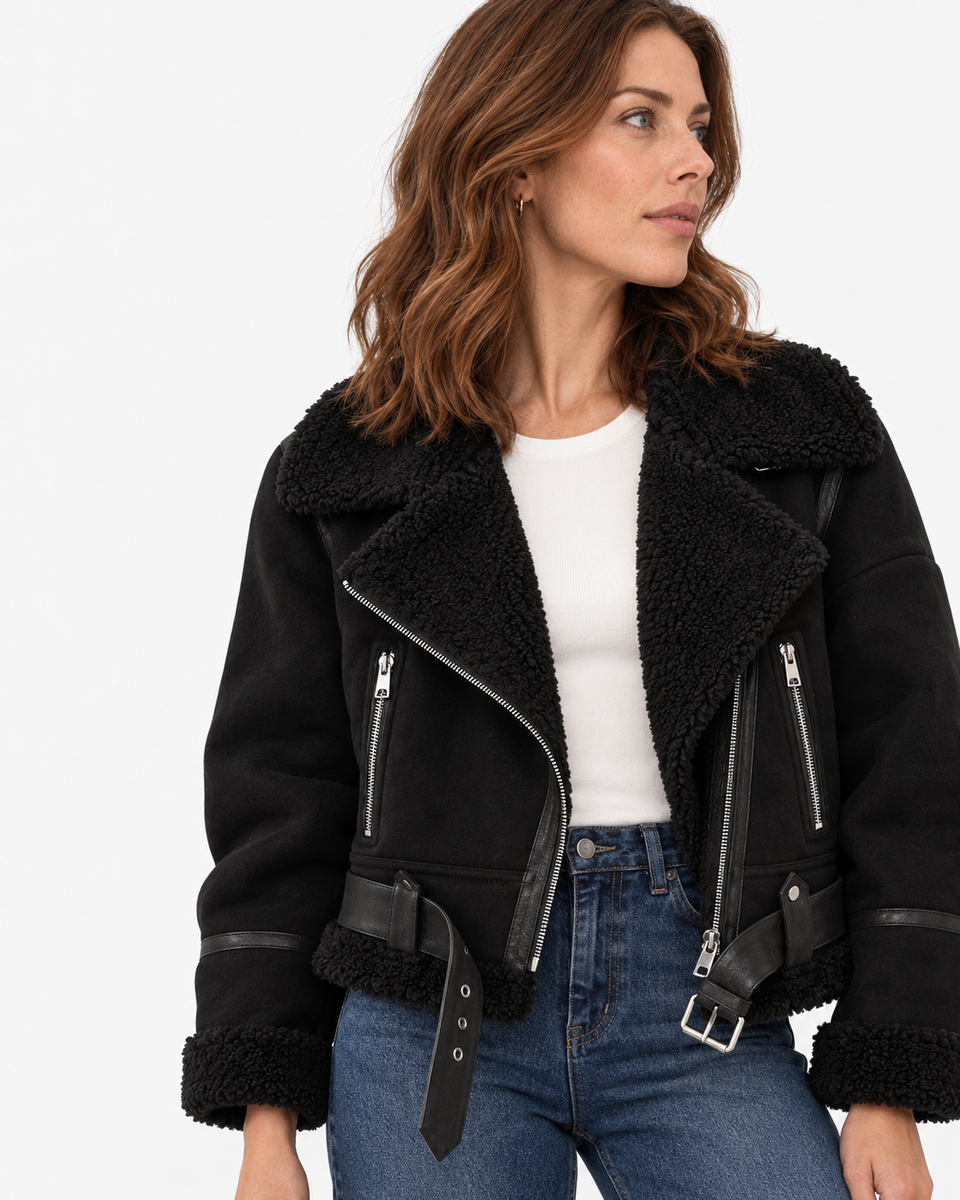 Close-up front view of the Vespera black suede-effect biker jacket with textured collar and silver zip details