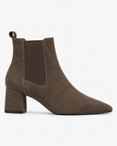 Lenora brown boots, side view showing the pointed toe and block heel.