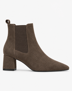 Lenora brown boots, side view showing the pointed toe and block heel.
