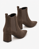 Lenora brown boots, rear view showing the block heels and pull tabs.