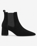 Lenora black boots, side view showing the pointed toe and block heel.
