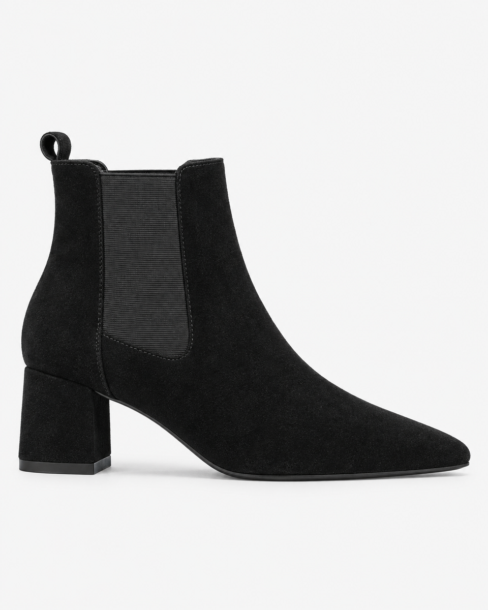 Lenora black boots, side view showing the pointed toe and block heel.