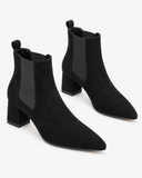 Lenora black boots, pair viewed at an angle.
