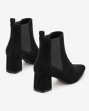 Lenora black boots, rear view showing the block heels and pull tabs.