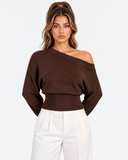 Lisette Asymmetric Off-Shoulder Knit Top - Brown