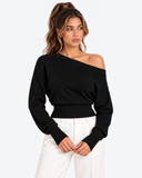 Lisette Asymmetric Off-Shoulder Knit Top - Black