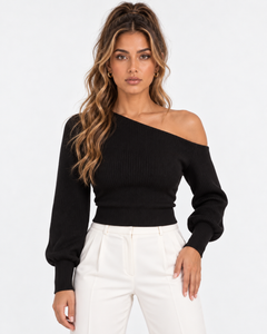 Lisette Asymmetric Off-Shoulder Knit Top - Black