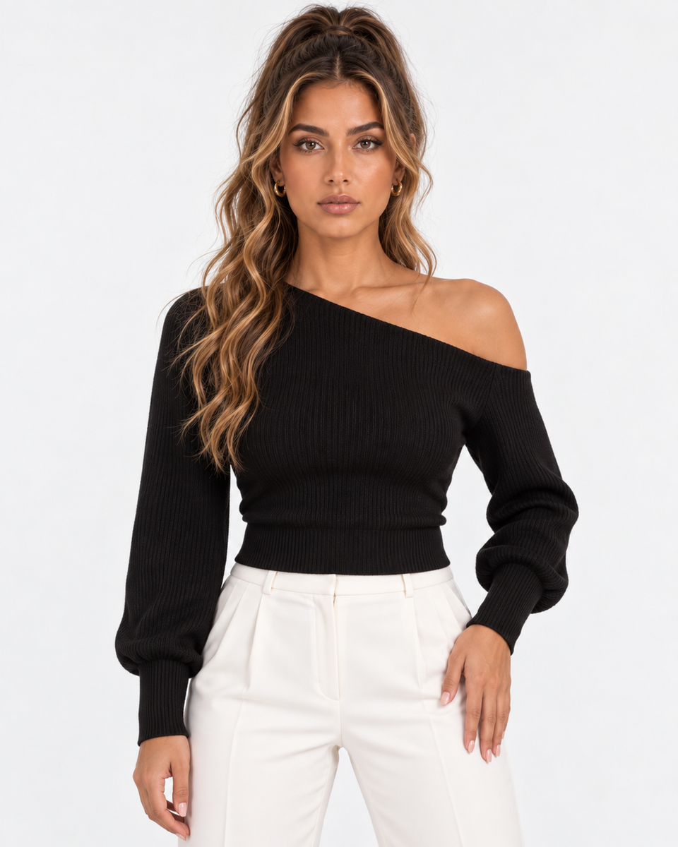 Lisette Asymmetric Off-Shoulder Knit Top - Black