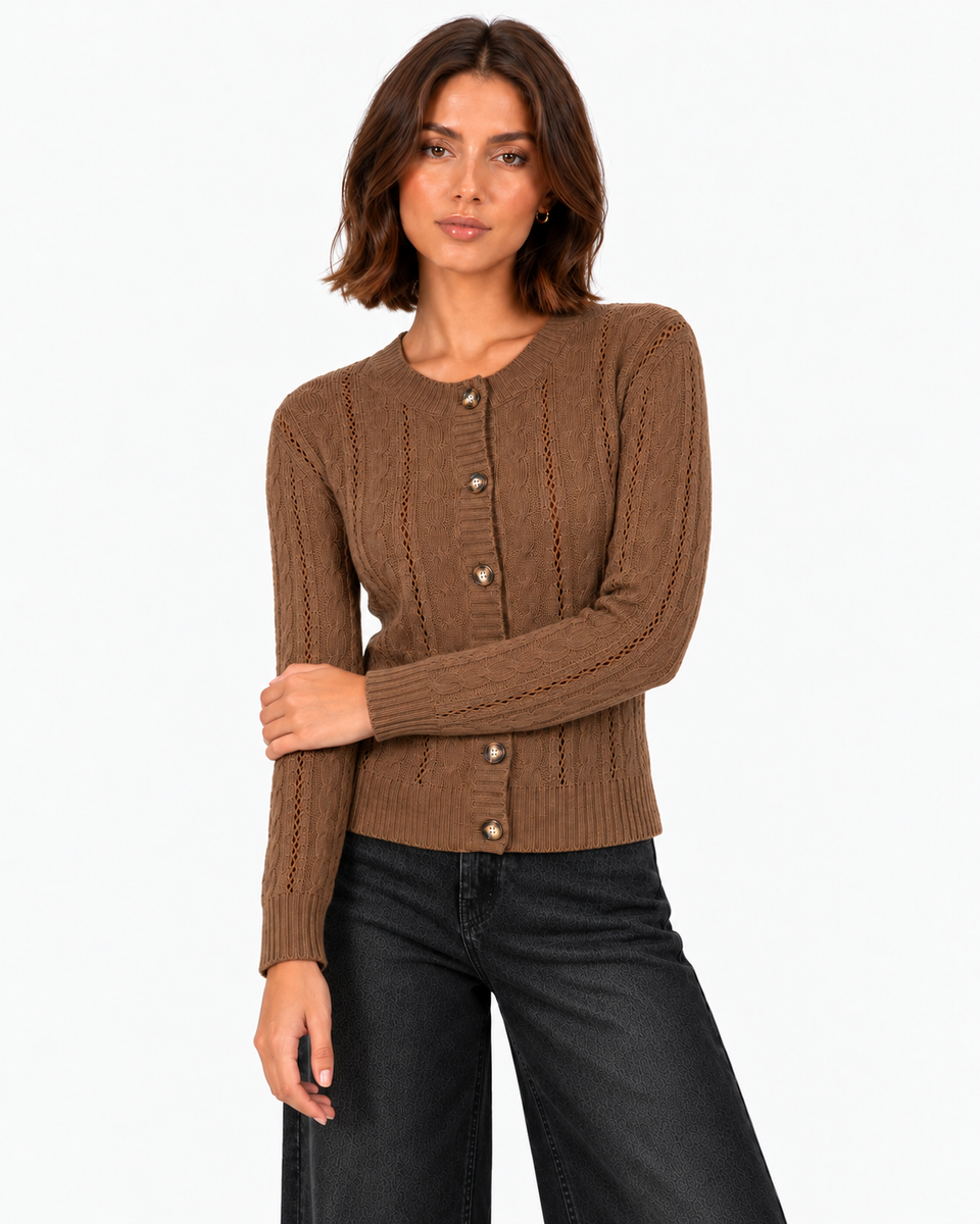 Lucille Cable-Knit Cardigan - Brown