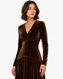 Marcella Pleated V-Neck Long-Sleeve Dress