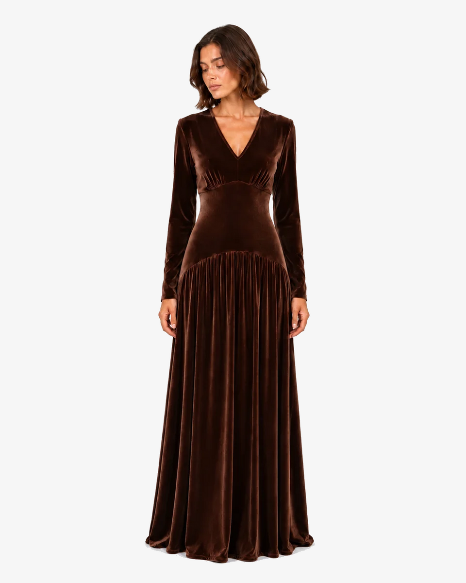 Marcella Pleated V-Neck Long-Sleeve Dress