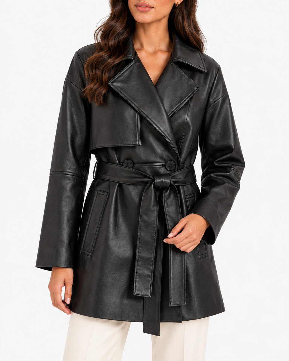 Close-up of Maren black faux leather trench coat showing wide lapels and tied waist belt