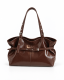 Maren brown buckle shoulder bag, front view