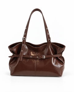 Maren brown buckle shoulder bag, front view