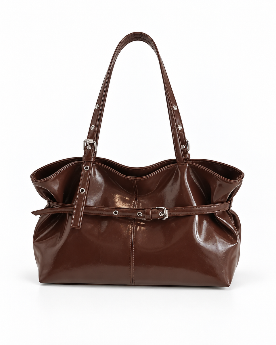 Maren brown buckle shoulder bag, front view