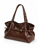 Maren brown buckle shoulder bag, angled view